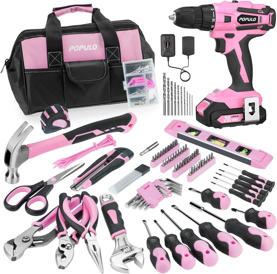 POPULO Pink  Cordless 20V 236-Piece Power Drill Driver Lady's Basic Home Tool Set