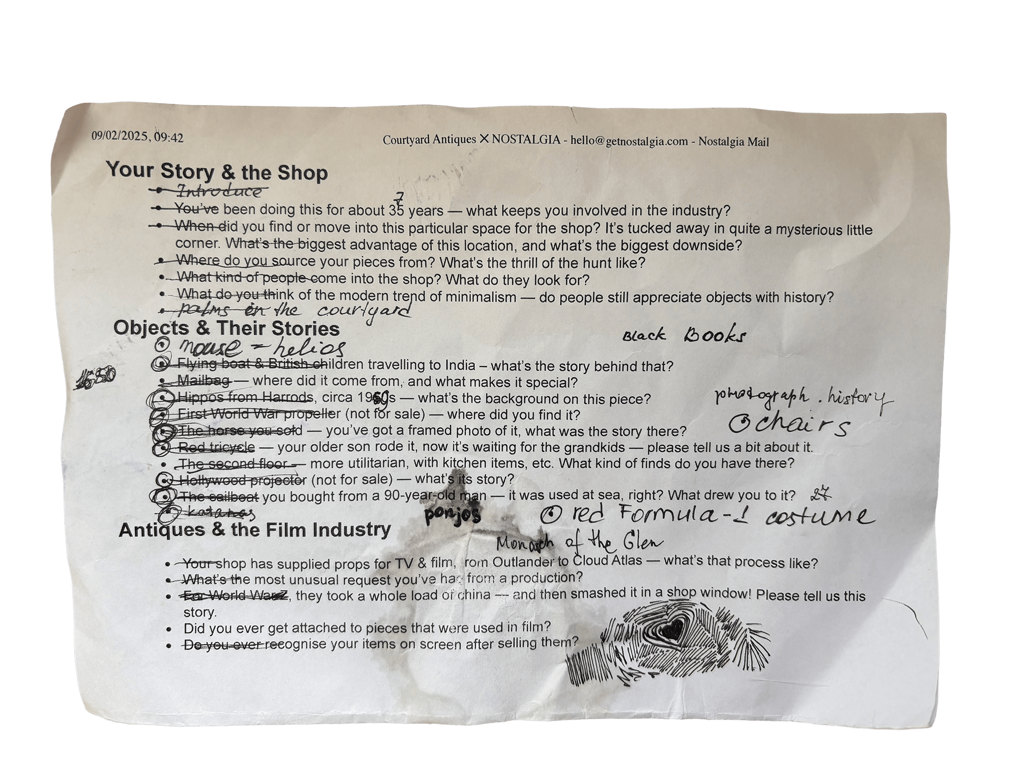 A crumpled, handwritten interview plan for a video shoot at Courtyard Antiques