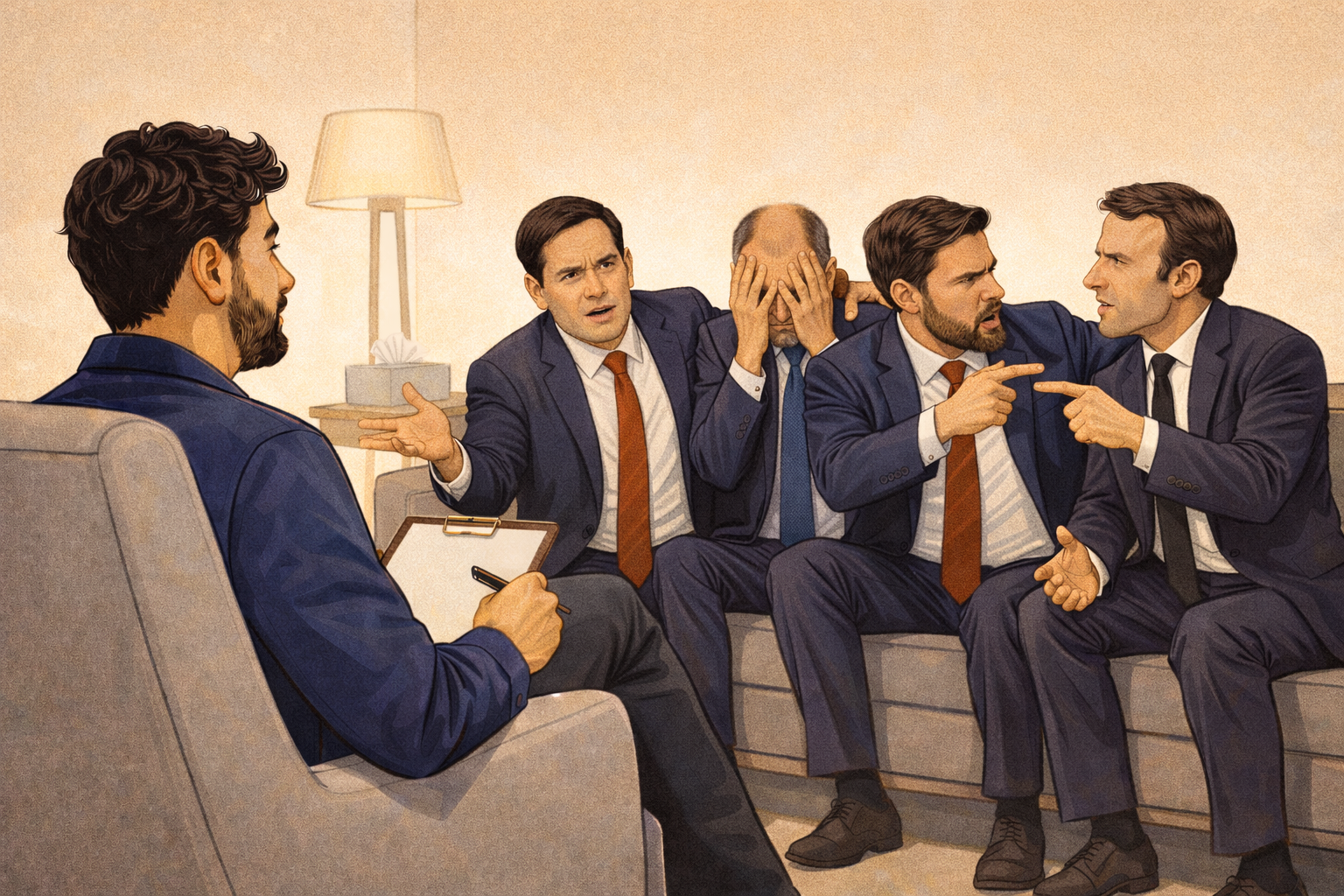 Max Europe en train d'animer une thérapie de couple avec Marco Rubio, Friedrich Merz, JD Vance et Emmanuel Macron assis sur un sofa.