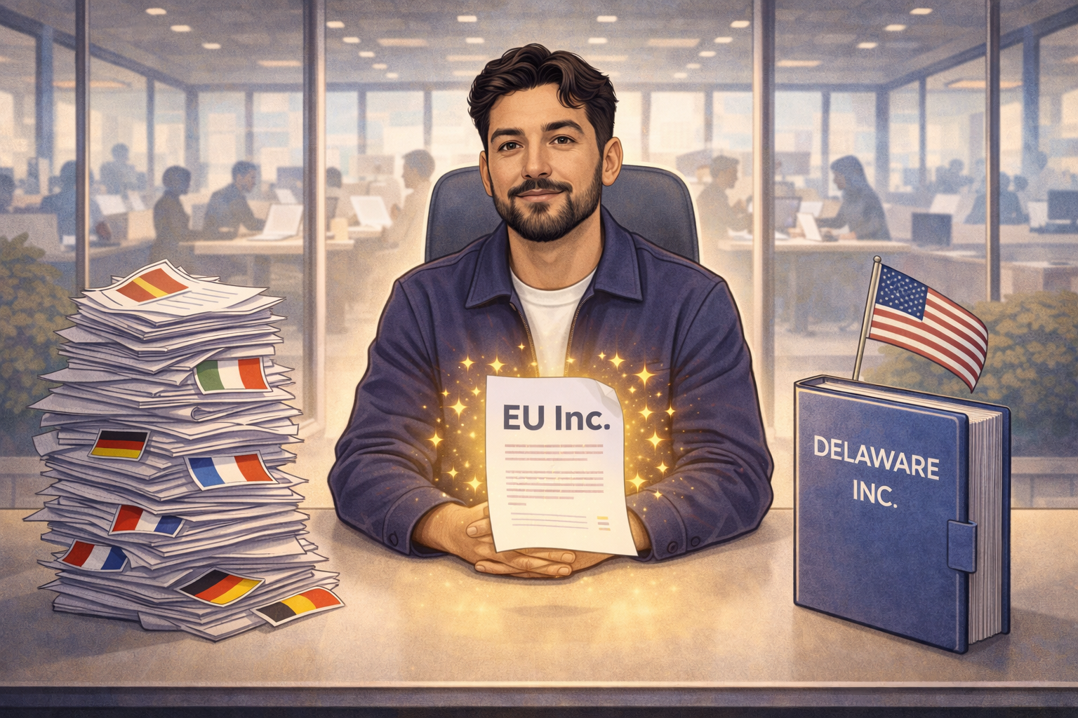 Illustration de Max Europe assis à un bureau, tenant un document lumineux « EU Inc. », entre une pile de paperasse européenne et un dossier « Delaware Inc. »