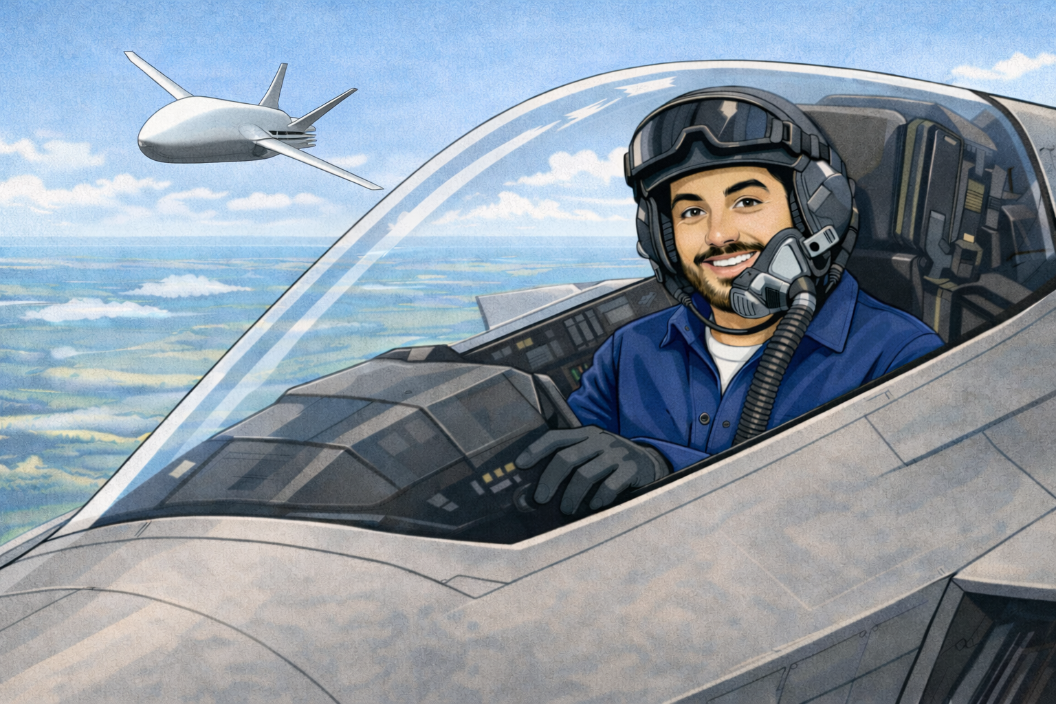 Max Europe dans le cockpit de l'avion de combat du futur SCAF, avec son drone accompagnateur en arrière plan.