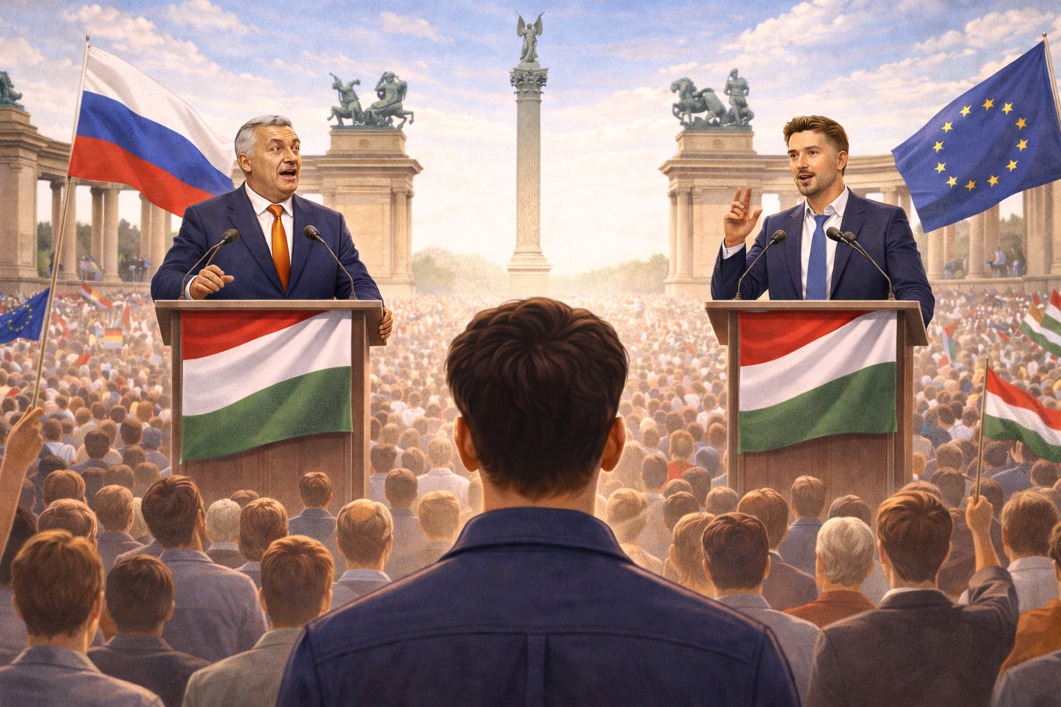 Viktor Orbán et Péter Magyar face à face sur la Place des Héros à Budapest pour les élections législatives hongroises du 12 avril 2026, avec Max Europe de dos.