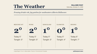 Palliser Post weather graphic with temperatures for Medicine Hat, Irvine, Bow Island, Elkwater and Cypress Hills, Brooks