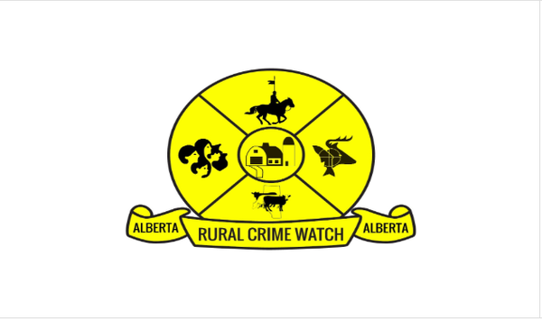 Yellow and black logo of the Alberta Rural Crime Watch Association featuring a barn, horse and rider, livestock, and a neighbourhood watch symbol