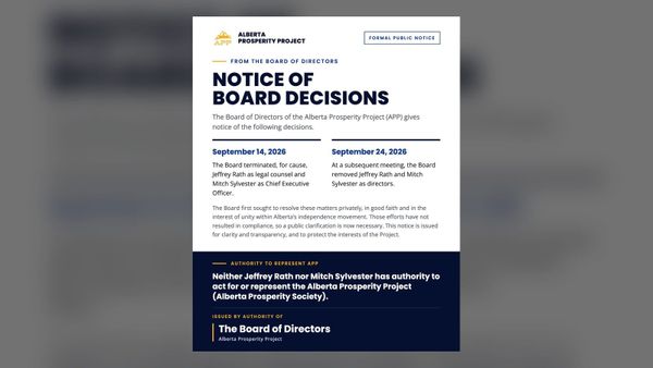 The Alberta Prosperity Project board's Notice of Board Decisions.