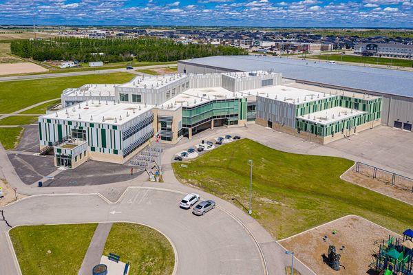 Aerial view of a city recreation complex and surrounding neighbourhood