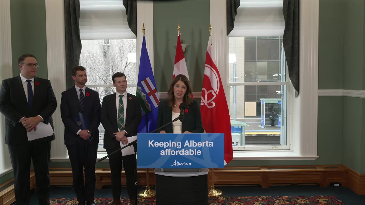 Premier Danielle Smith speaks at a news conference at Calgary City Hall about education property tax changes