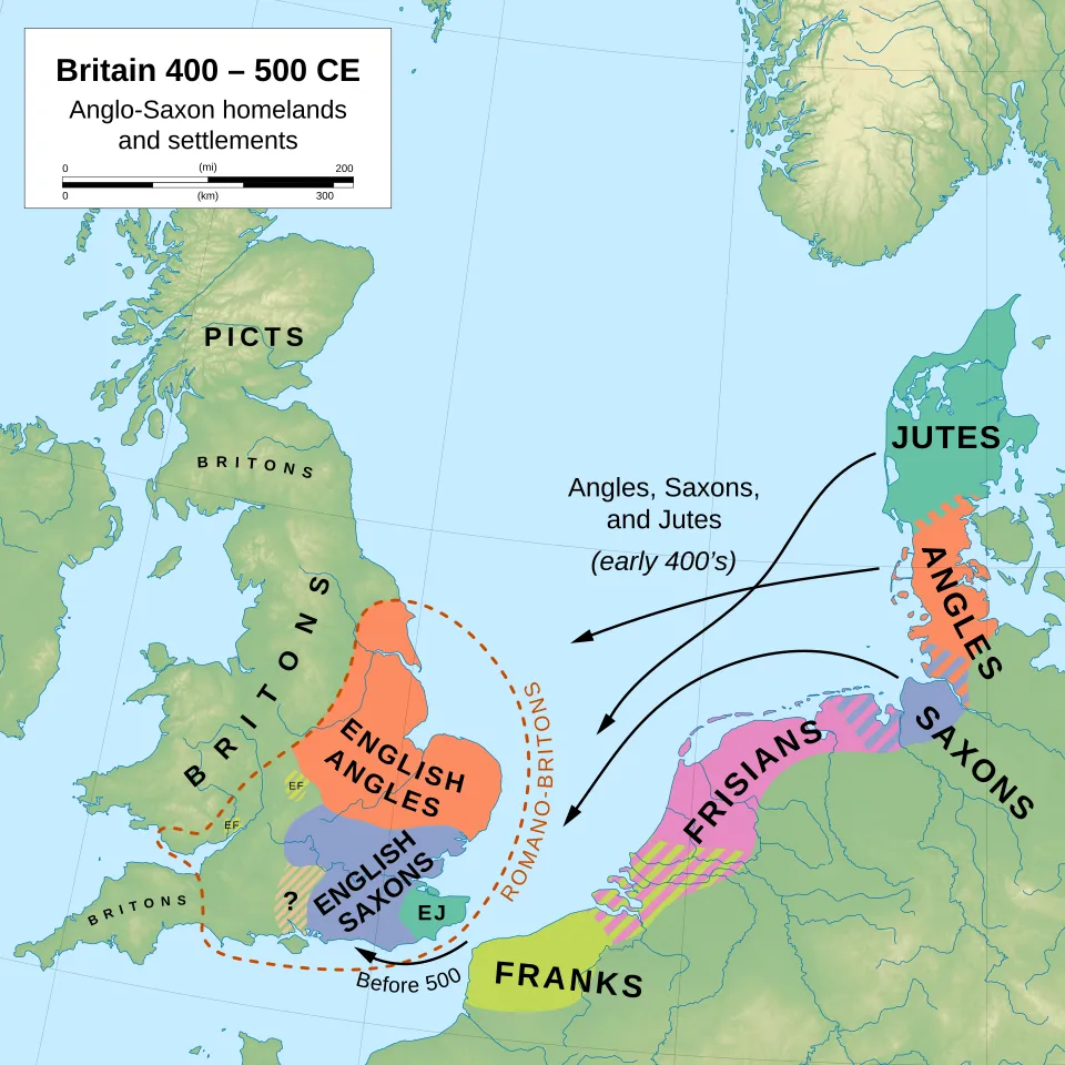 Map of Anglo-Saxon homelands in Northern Europe and their settlements in England, with arrows showing migration paths, from approximately 400–500 CE.