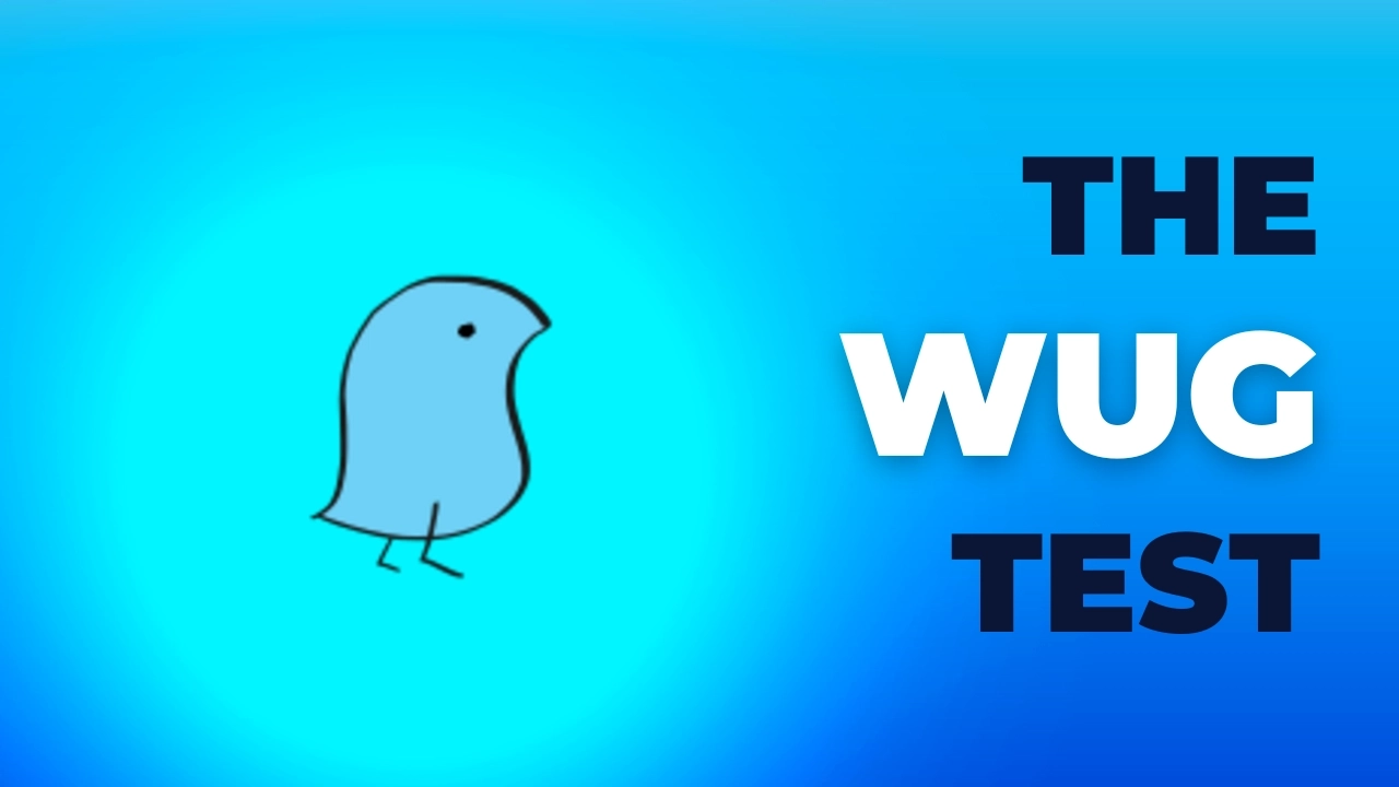 A chick-like wug on a blue background, with a bold title, “The Wug Test”
