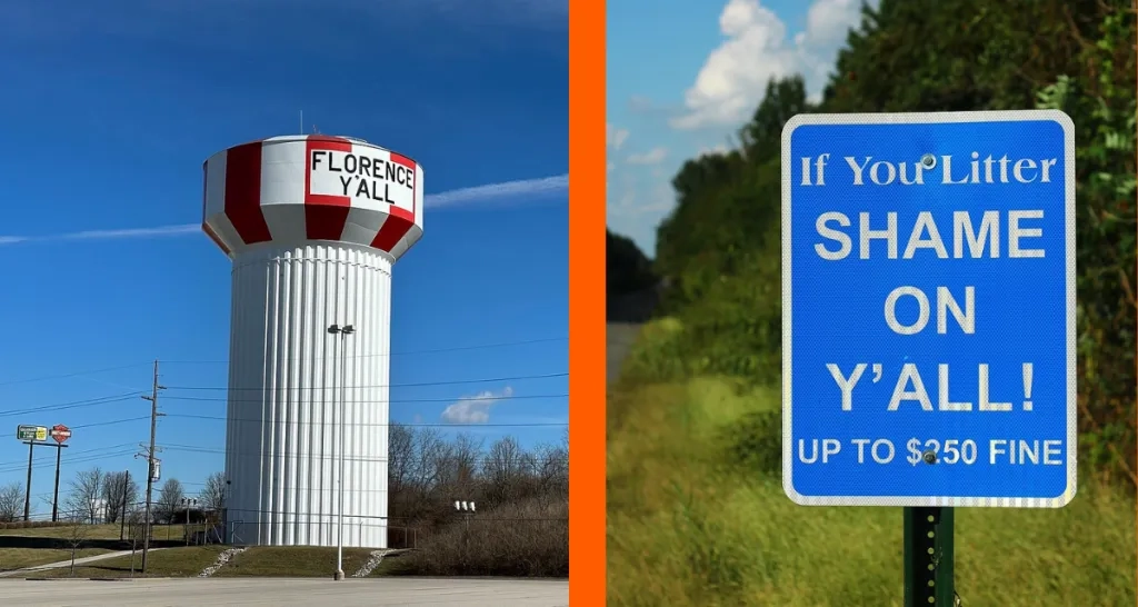 Alt text: Side-by-side photos highlighting “y’all”: a red-and-white water tower labeled “FLORENCE Y’ALL,” and a blue roadside sign reading “If you litter SHAME ON Y’ALL! Up to $250 fine.”