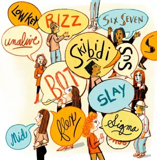 Cartoon-style illustration of a group of people talking, with colorful speech bubbles filled with slang terms, including “low key,” “unalive,” “rizz,” “six/seven,” “skibidi,” “boss,” “slay,” “mid,” “yeet,” and “sigma.”