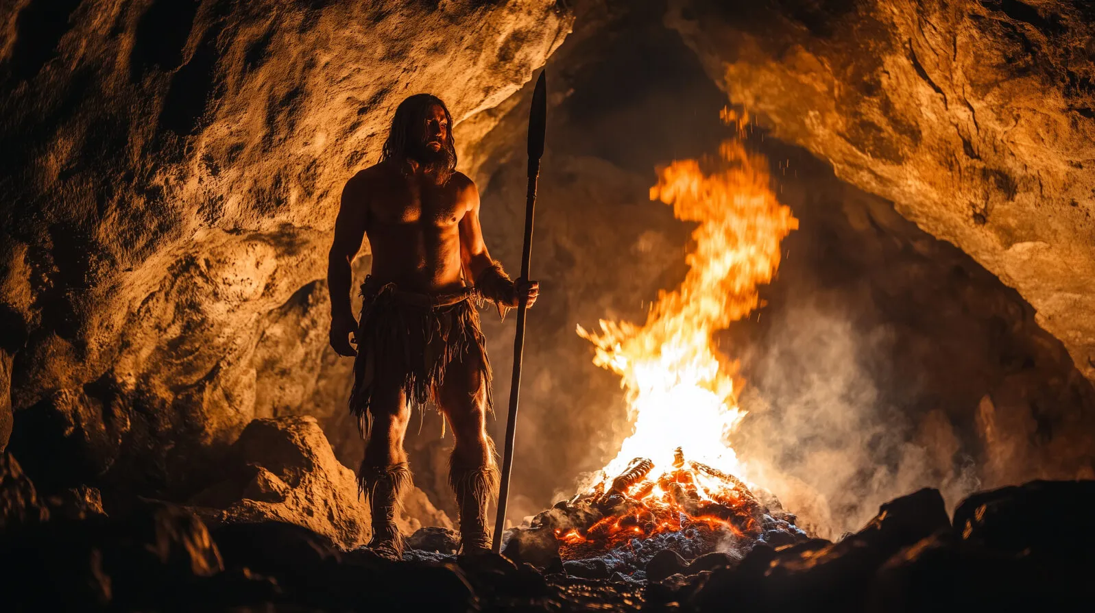 Illustration of a prehistoric human standing inside a cave beside a small fire, holding a flaming torch, with cave walls fading into shadow behind them.