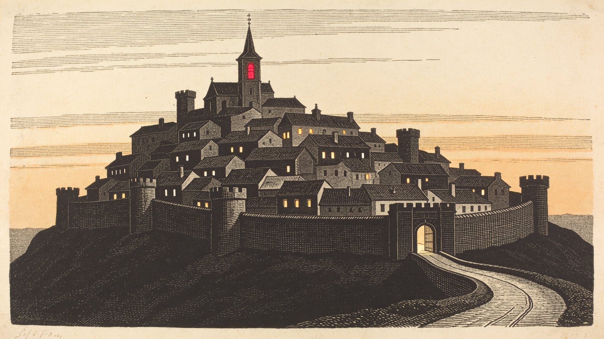 A city on a hill, lit against the dark