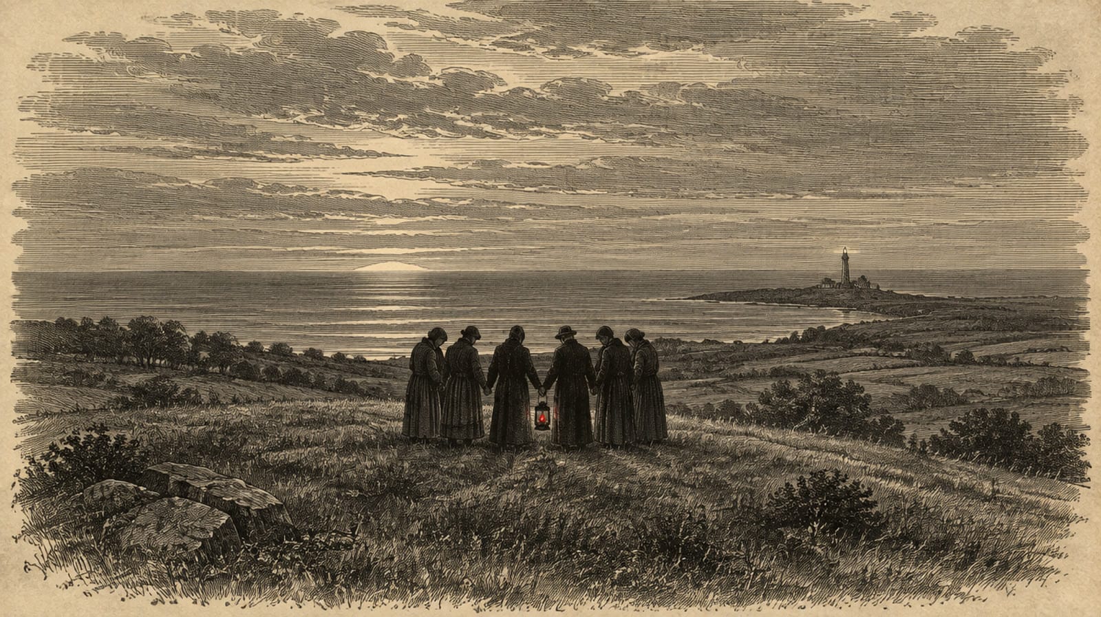 Engraving of a circle of people praying
