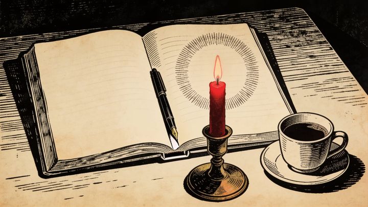 Engraving of a writer's desk at night, open journal with blank pages, pen, cooling coffee, and a single candle with a crimson flame.