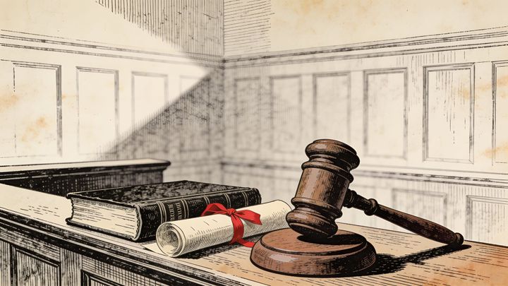 Engraving of a gavel at rest on its block beside a bound volume of case reports and a furled document tied with a crimson ribbon.
