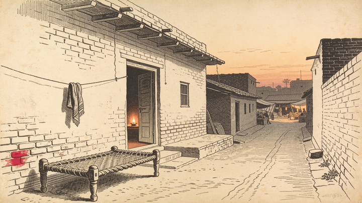 Engraving of a Punjab courtyard at dusk, an oil lamp kept burning in the doorway