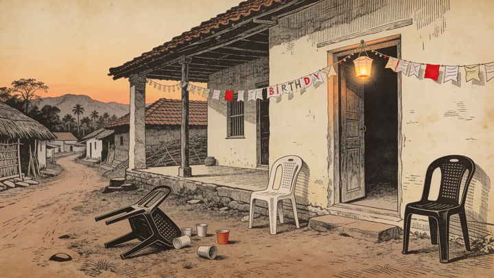 Engraving of a village house at dusk, a birthday garland across the veranda and one paper lantern glowing above the empty doorway