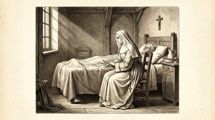 Engraving of a nun at the bedside of a dying patient, morning light through a tall window