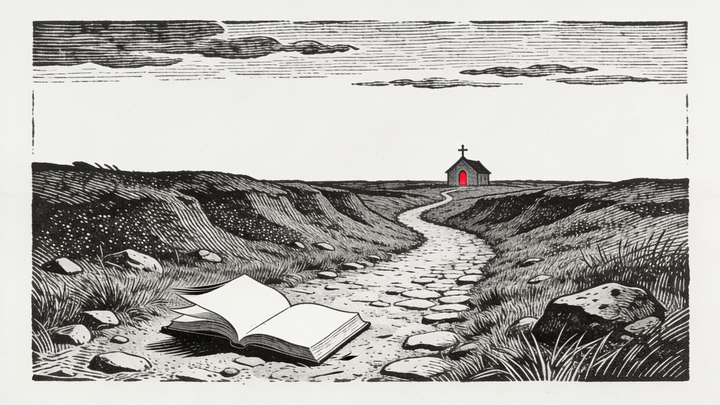 Engraving: a footpath across a high plateau, an open book lying on the path, a small church on the horizon with one crimson window