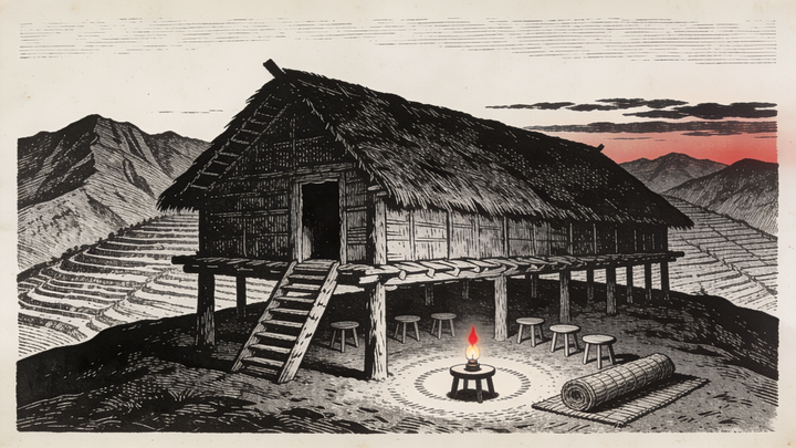 An engraving of a highland stilt longhouse at dusk, a circle of empty stools beneath it and one oil lamp still burning.