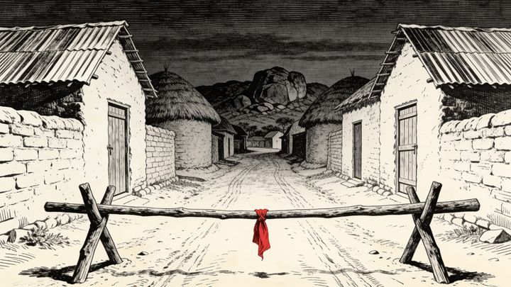 Engraving of an empty village road on the Jos Plateau at dusk, doors shut, a bare wooden pole laid across the road as a barrier, one crimson cloth tied at its centre.