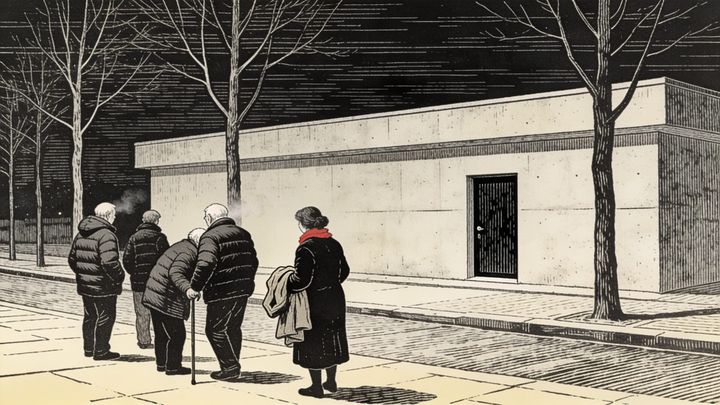 Engraving: five elderly people in padded jackets stand in the cold at night outside a blank concrete building, one holding a folded coat, one leaning on a cane, a single crimson scarf