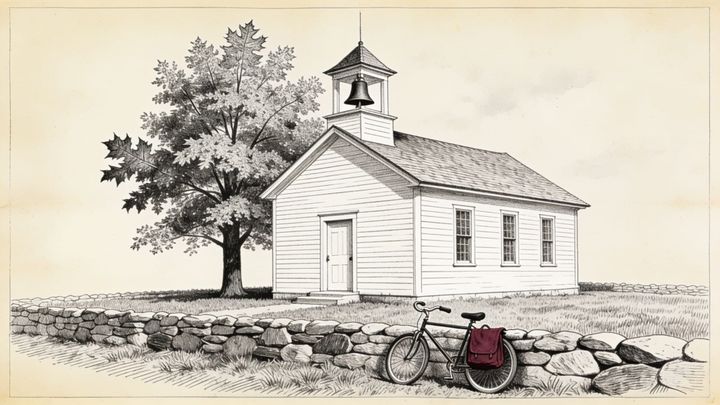 Engraving in black ink on cream paper: a white clapboard schoolhouse with a bell cupola, a maple, a stone wall, and a bicycle carrying a single crimson bookbag.