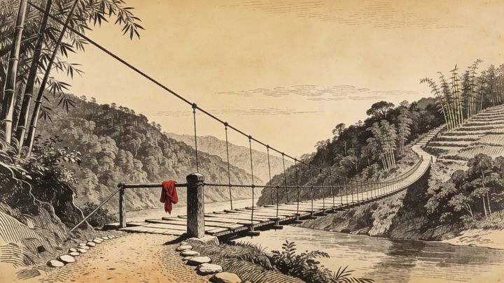 Engraving of an empty suspension footbridge over a river in the Chin Hills, black ink on aged paper, one crimson cloth knotted to the near post.