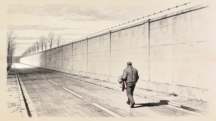 Engraving of a lone man walking away along an empty road beside a long blank wall topped with wire, a strip of crimson cloth on the bundle under his arm