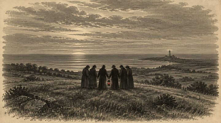 A small group standing in a circle at dusk, heads bowed, one lantern lit, a lighthouse on the horizon