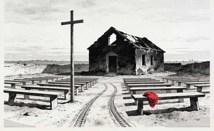 Engraving: empty benches in rows before a burned, roofless church under an overcast sky, a cross on a pole, motorcycle tracks in the dust, one red scarf on the nearest bench.