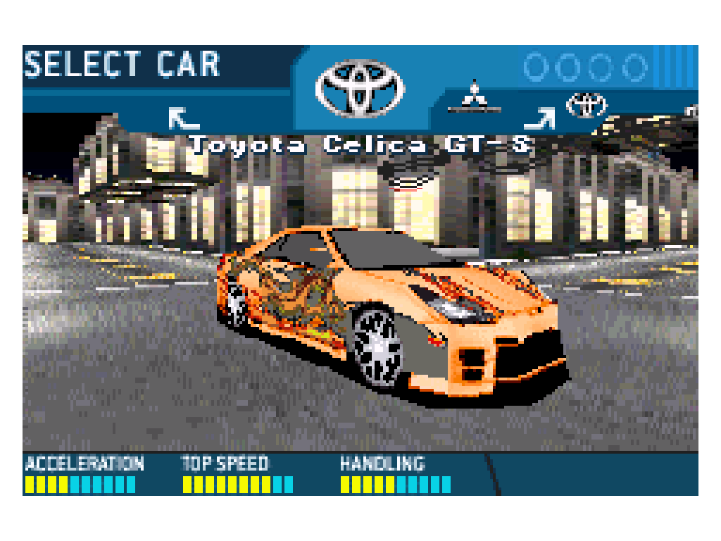 A orange Toyota Celica GT-S with dragon graphics on the side and hood in the customization screen for Need For Speed Underground for the Gameboy Advance.