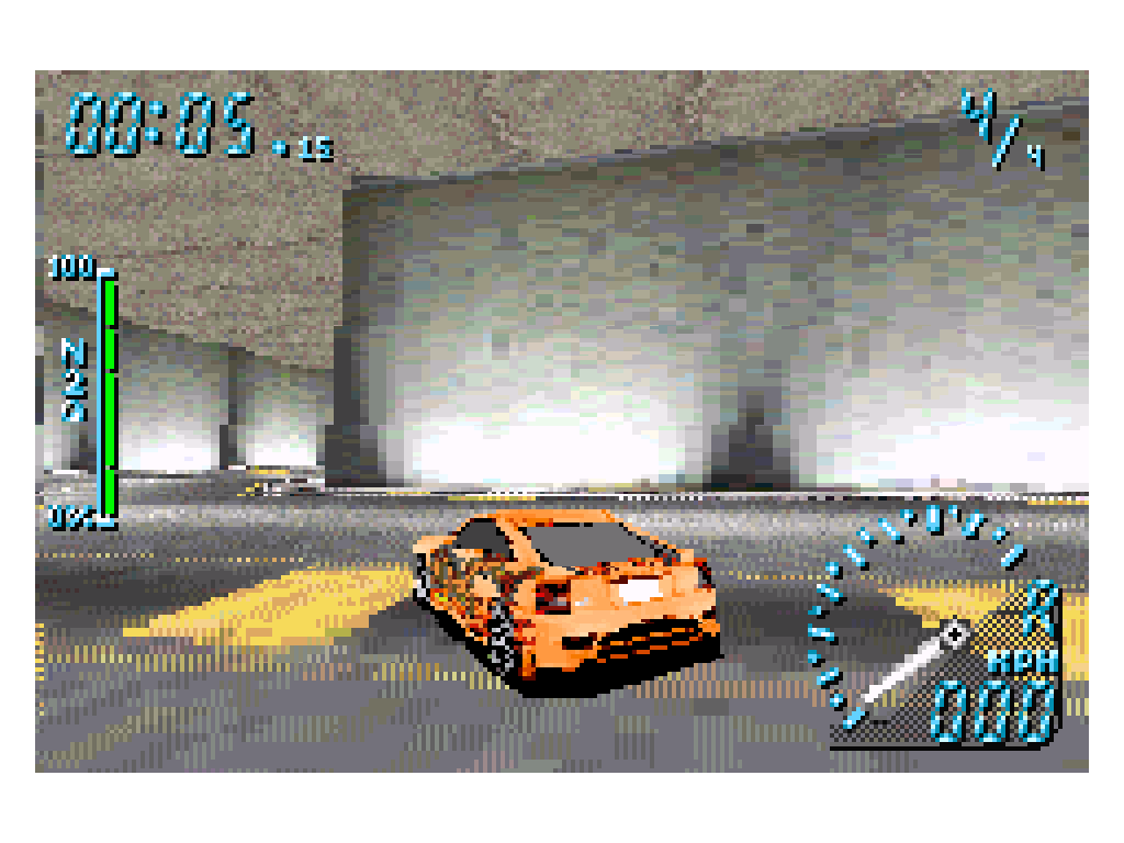 And orange Toyota Celica GT-S with dragon decals on it is stopped in a massive tunnel, near a 90 degree right turn. This is a screenshot from Need For Speed Underground for the Gameboy Advance.