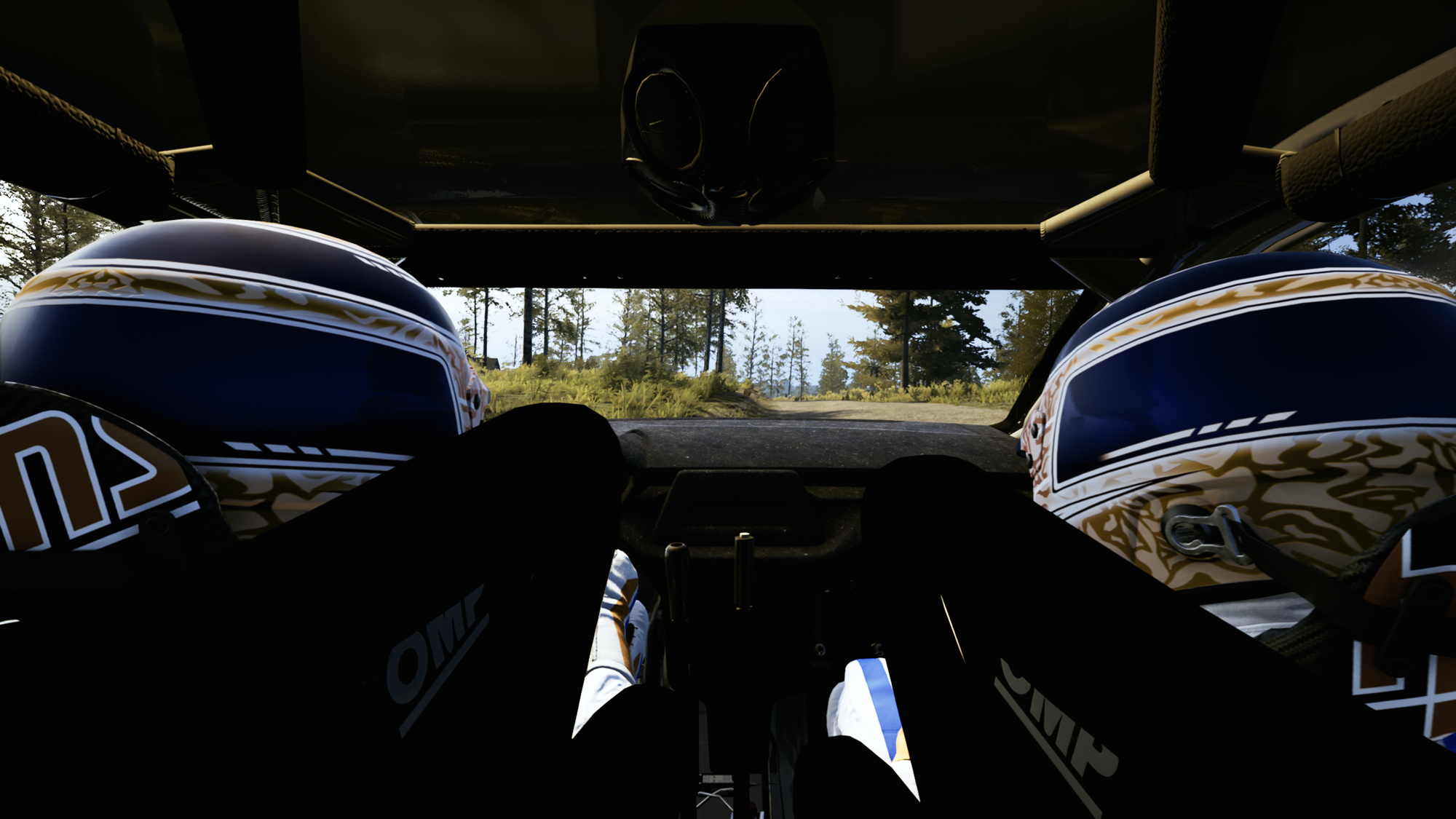 An onboard view from between the driver and the co-driver as they drive through a gravel rally stage. They are wearing matching blue, with orange wavy patterned helmets.