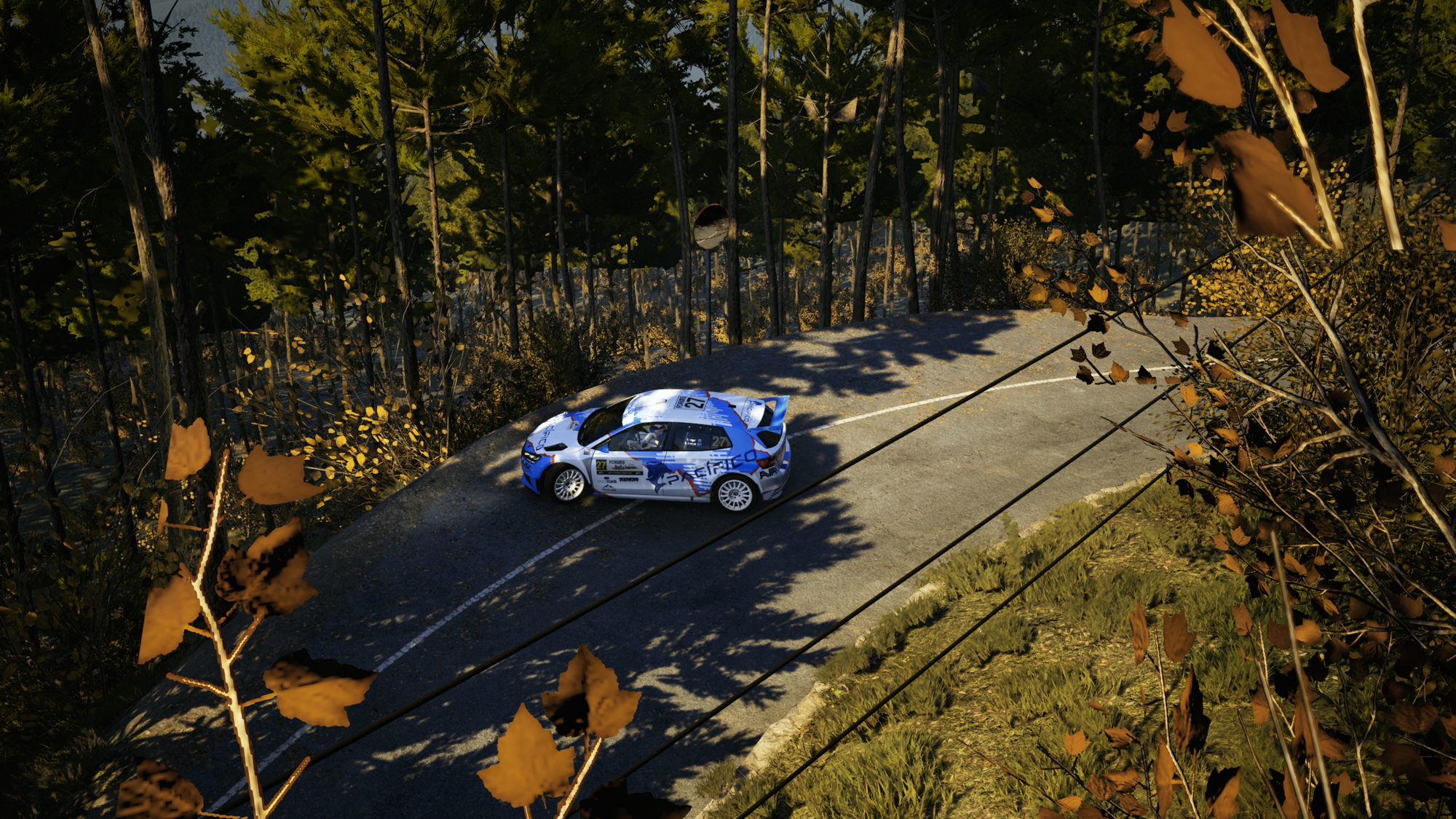 A Skoda Fabia rally car facing the outside of a corner on a paved road. It is looking down at a sheer cliffside with plenty of trees at the bottom of it.