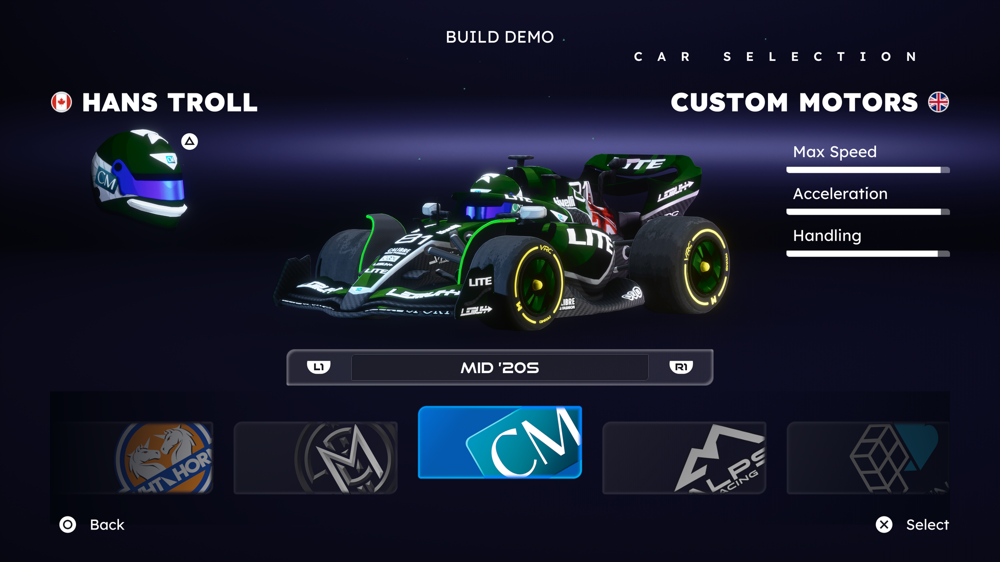 The car selection menu for Formula Legends, with the menu currently looking at a Mid 2020s Grand Prix car entered by Custom Motors. The green, with white stripes and the union jack on the rear of the engine cover is driven by Canadian driver Hans Troll.