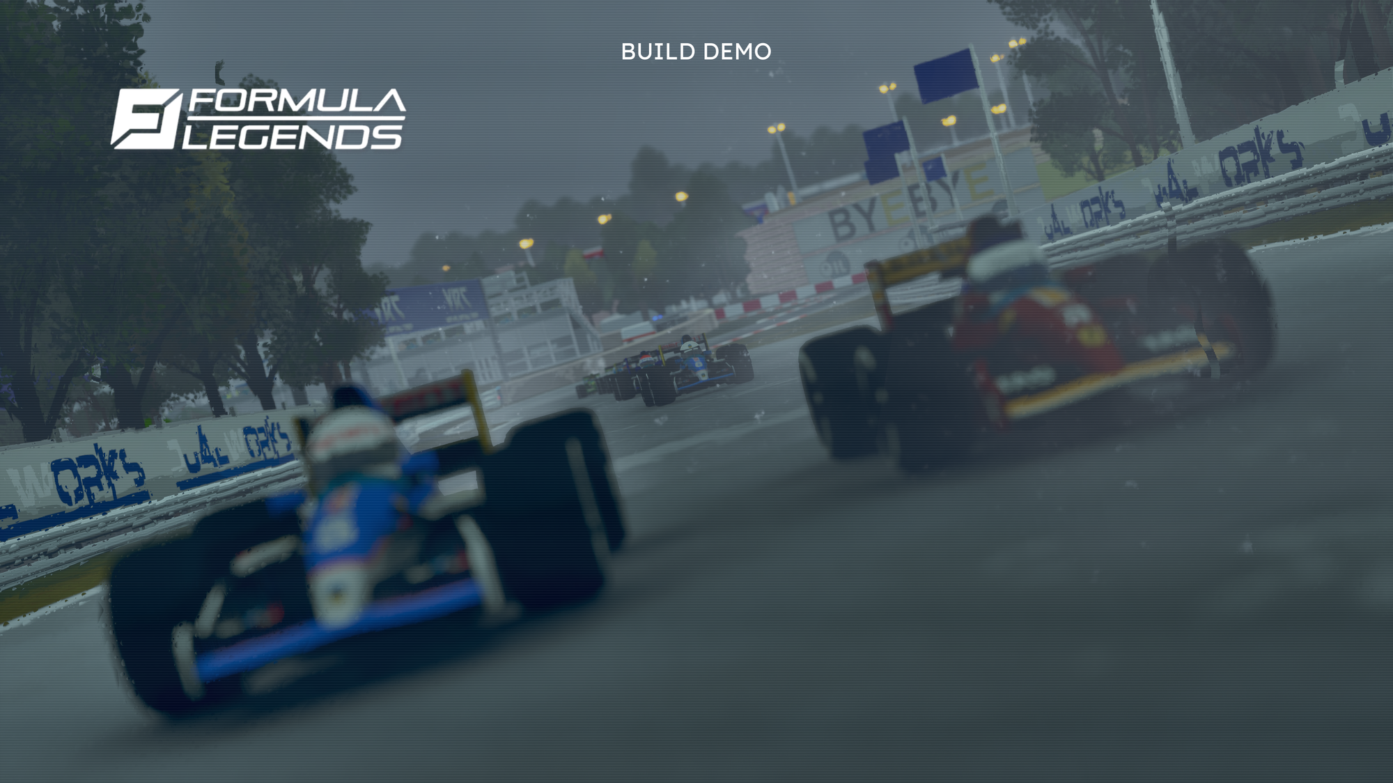 A pair of early 1990s Formula 1 cars with squished proportions going side by side on a straightaway. There are more cars in a line behind as these cars battle for position. It is a screenshot from Formula Legends.
