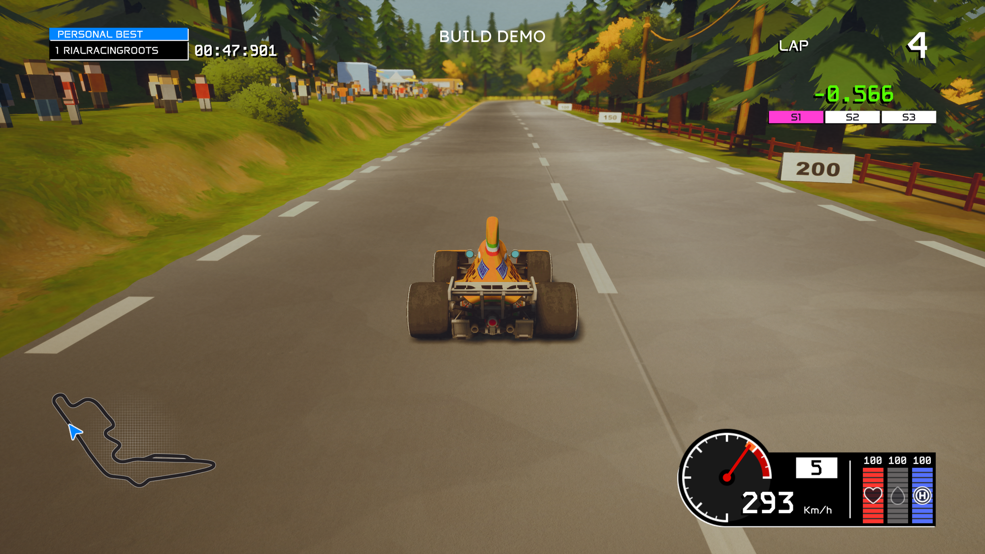 Driving a mid-1970s Formula 1 car on a race track, on the left is a grassy hillside with spectators on the top of the ridge, and a wooden fence to the right meant to resemble Spa-Francorchamps from the 70s. It is a gameplay screenshot from Formula Legends.