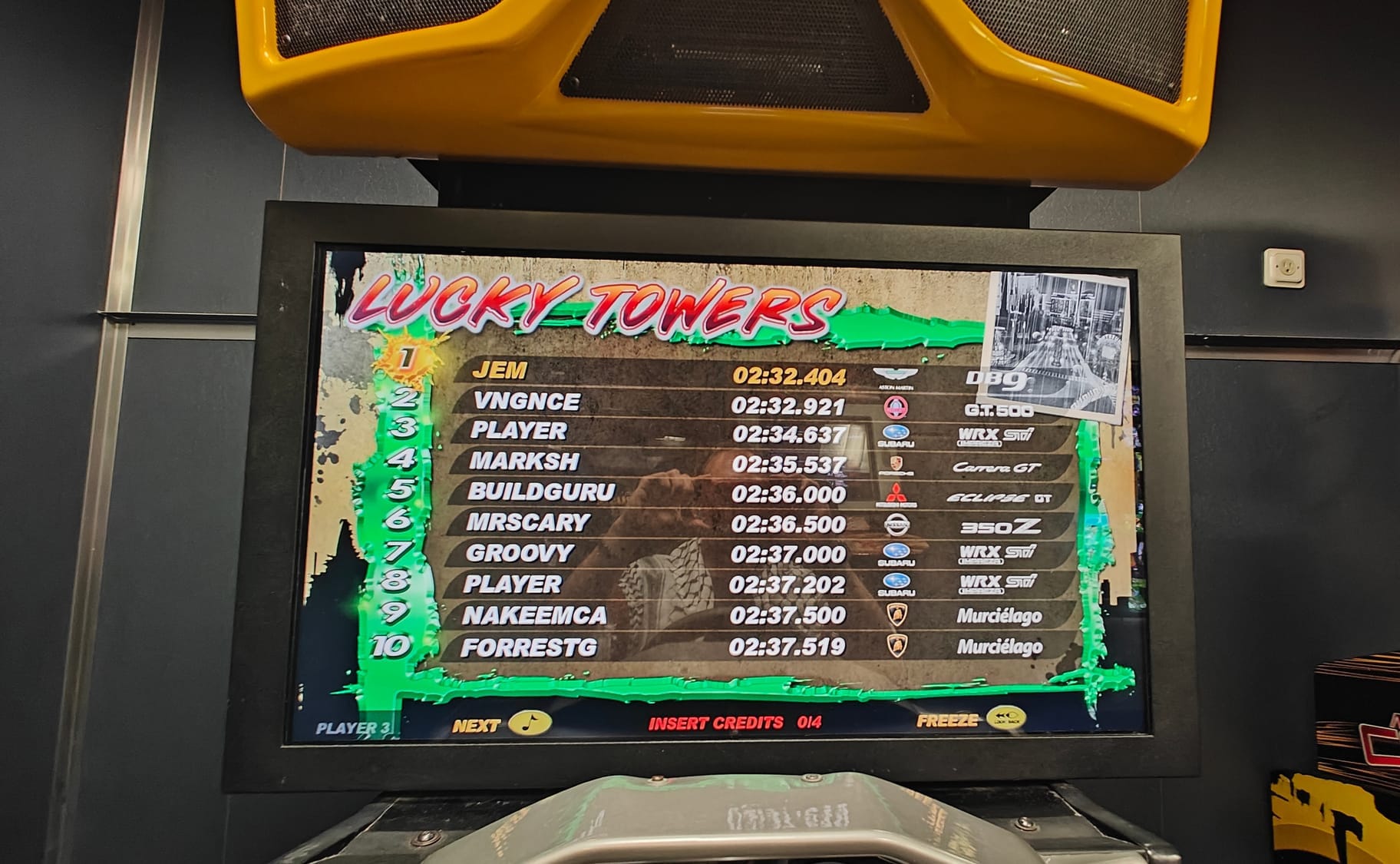 The post-race leaderboard screen showing all the top times for track. On the top of the board is me, having just put in a time half a second better than the previous best time.