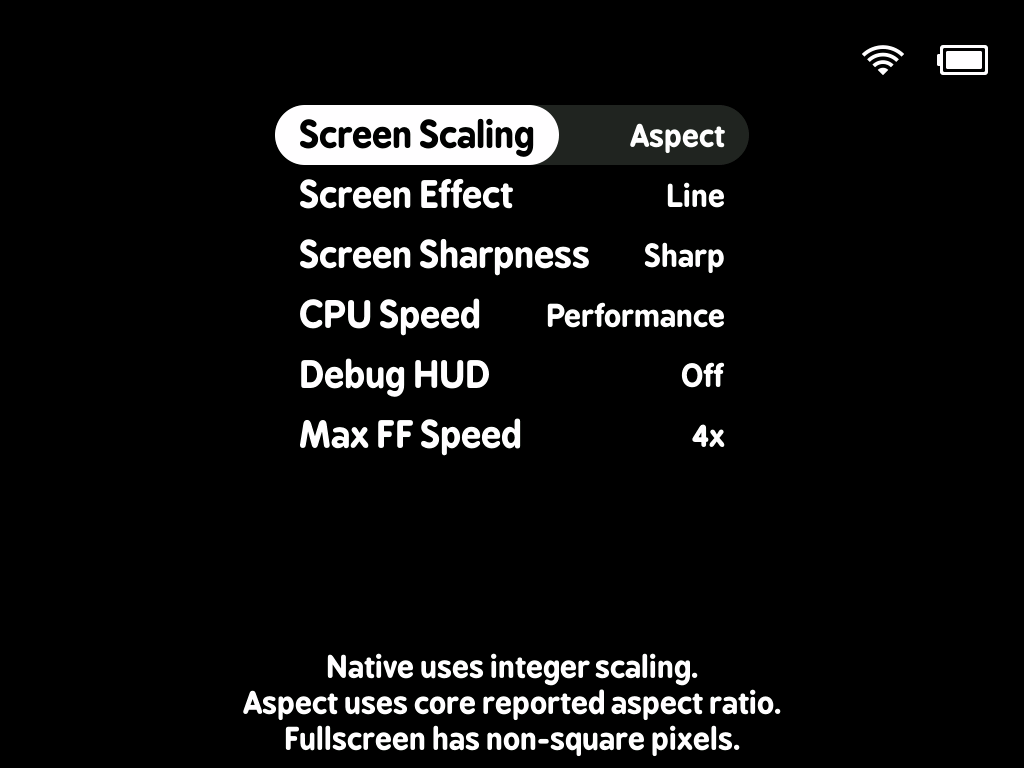 The frontend settings I use with Playstation games on the Trimui Brick. Notable is Screen Scaling is set to Aspect, and CPU Speed is set to Performance.