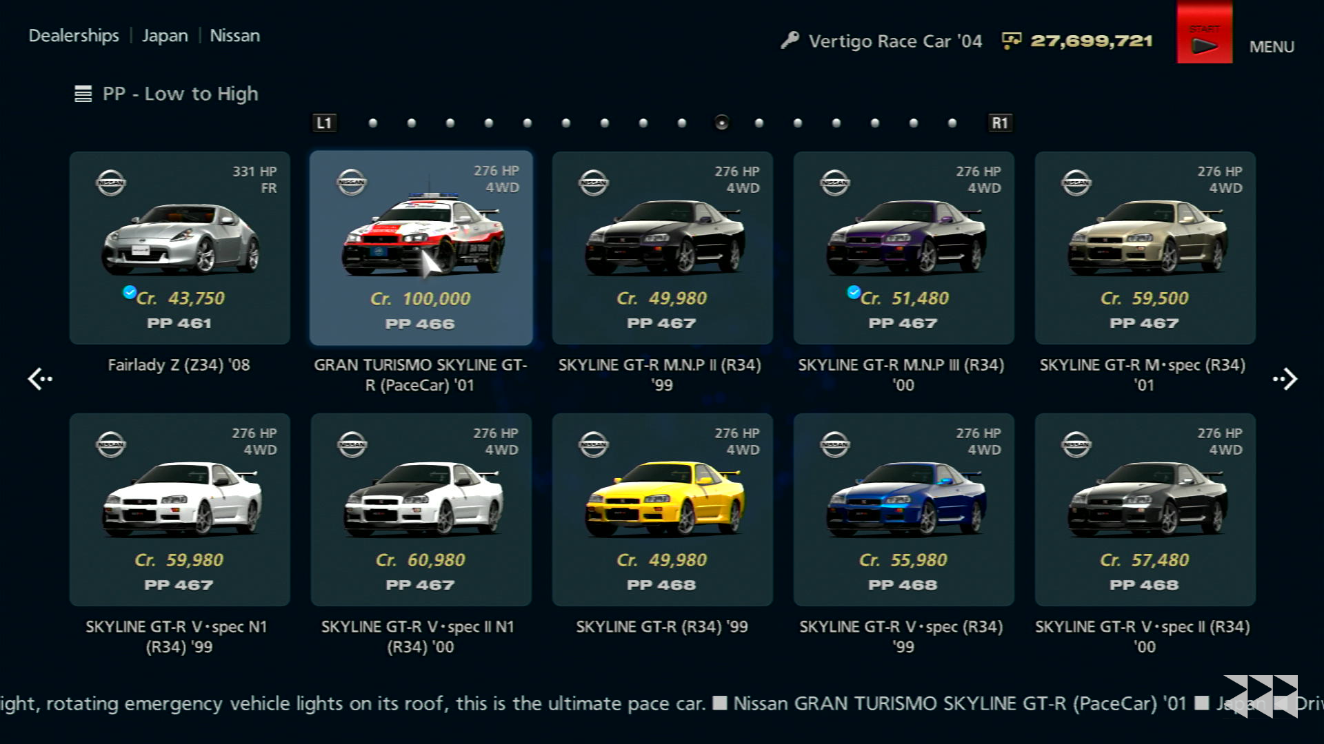 A page of the Nissan dealership in Gran Turismo 6 for the Playstation 3, showing seven different variations of the R34 Nissan Skyline GT-R for sale, as well as a Nissan 370Z.