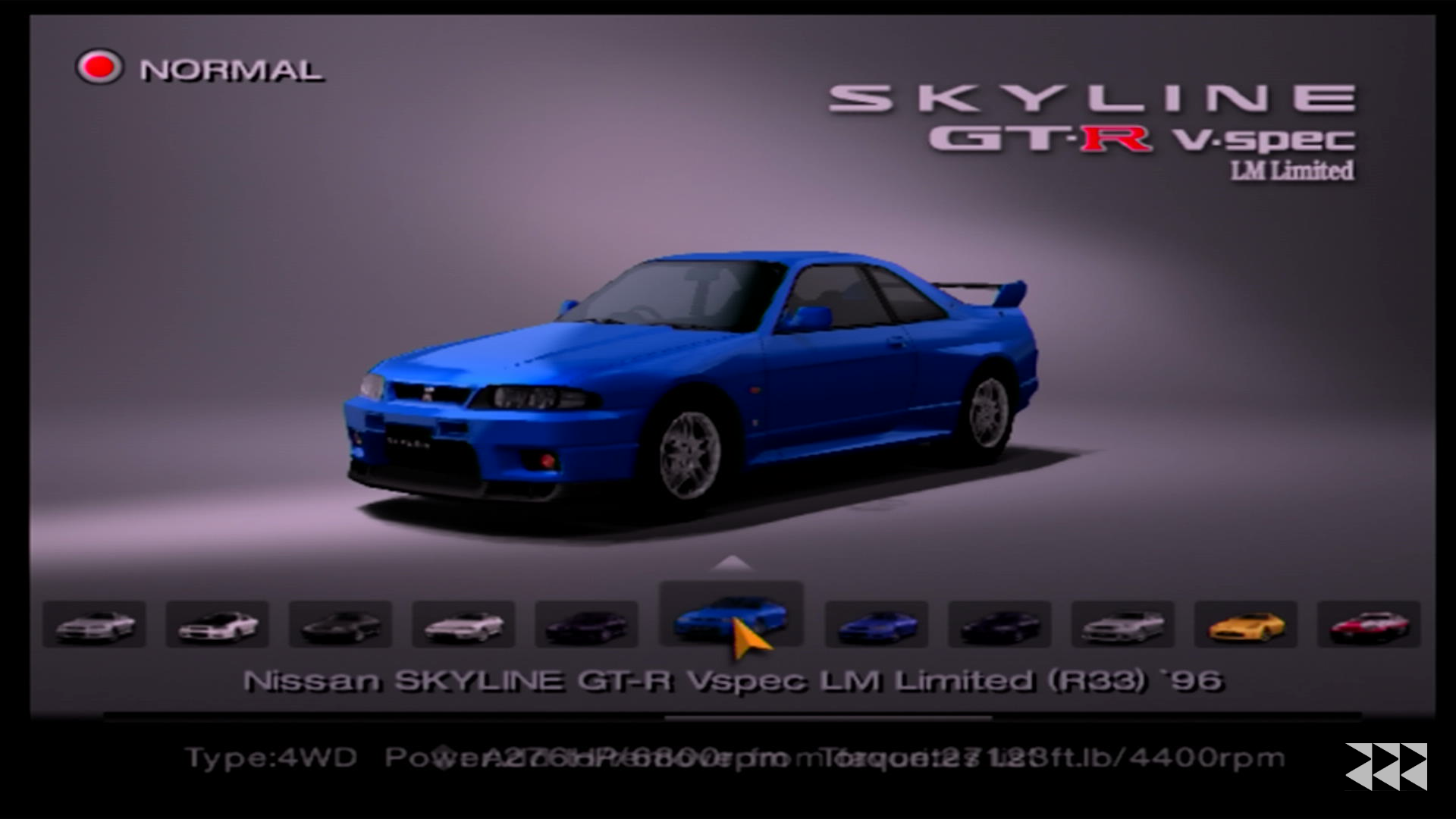The Nissan Skyline GT-R V-Spec LM Limited in a blank space, as a part of the car selection screen for Gran Turismo 4's arcade mode. The blue this specific model has was exclusive to the trim package to commemorate the Skyline GT-R racing at the 24 Hours of Le Mans.