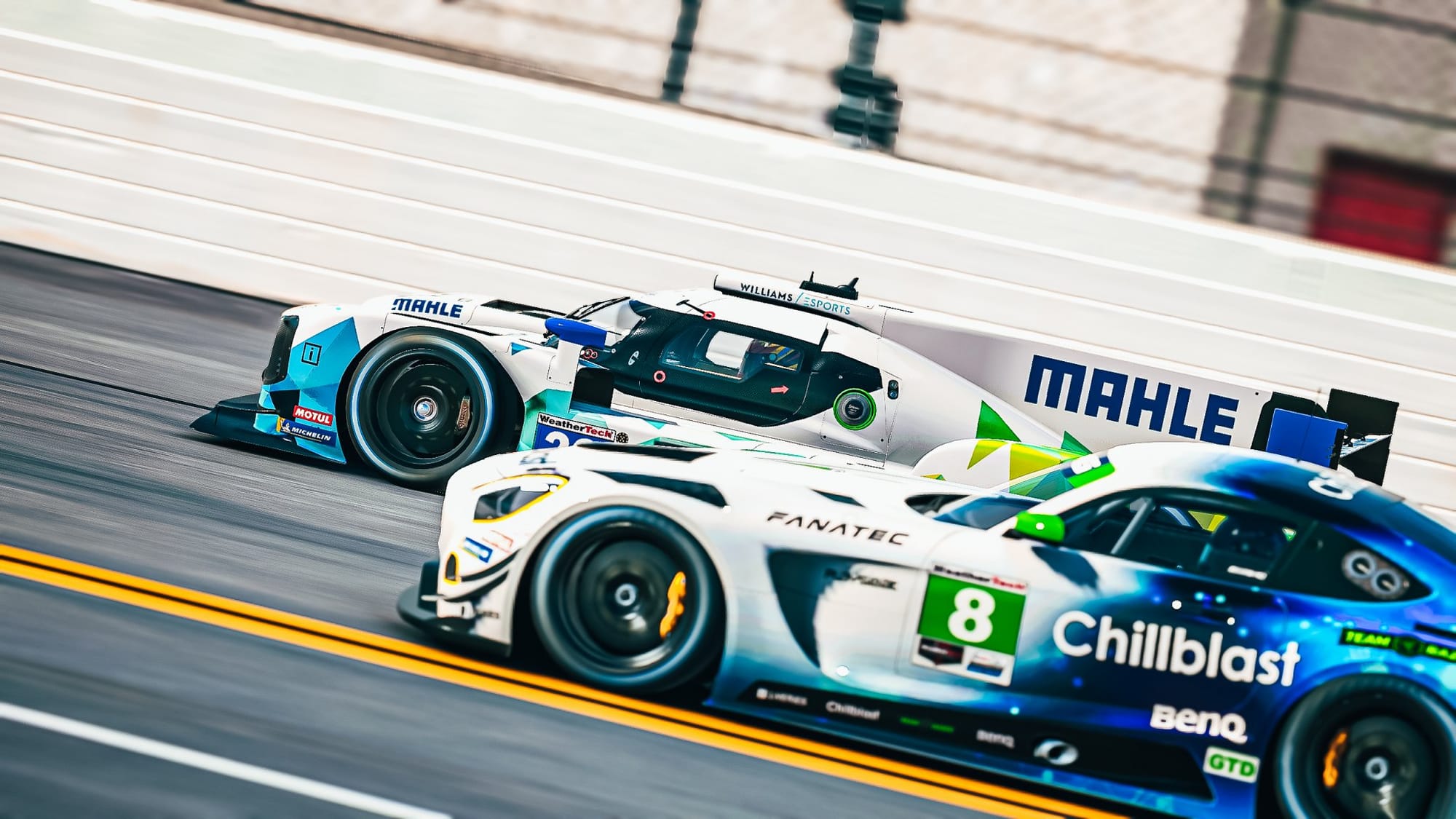 A pair of WIlliams eSports race cars side by side on a straightaway at Daytona. Both cars are mostly white, with light and dark blue elements. The car in front is a Mercedes AMG GT3, and behind is a Dallara P217.