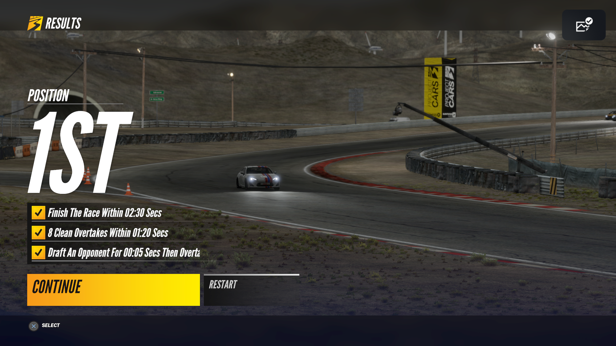 The end of race screen after an event in Project CARS 3, showing the finishing position, as well as the event objectives. It is showing a Toyota GT86 racing around a desert race track.