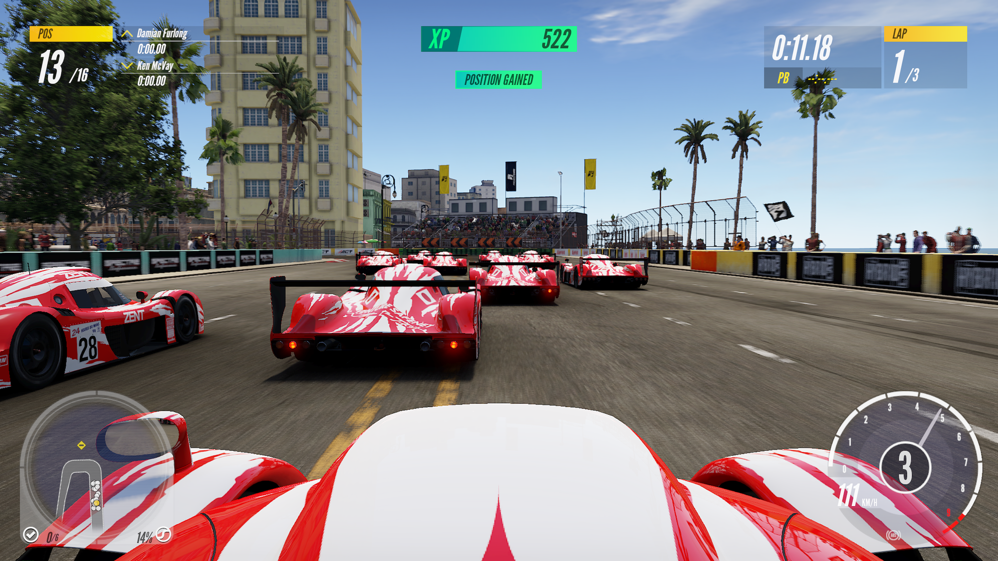 An in-race screenshot of Project CARS 3, showing the roof perspective of a Toyota GT-One race car racing against similar GT-Ones at a street track. They are all slowing down for a tight left hand hairpin.
