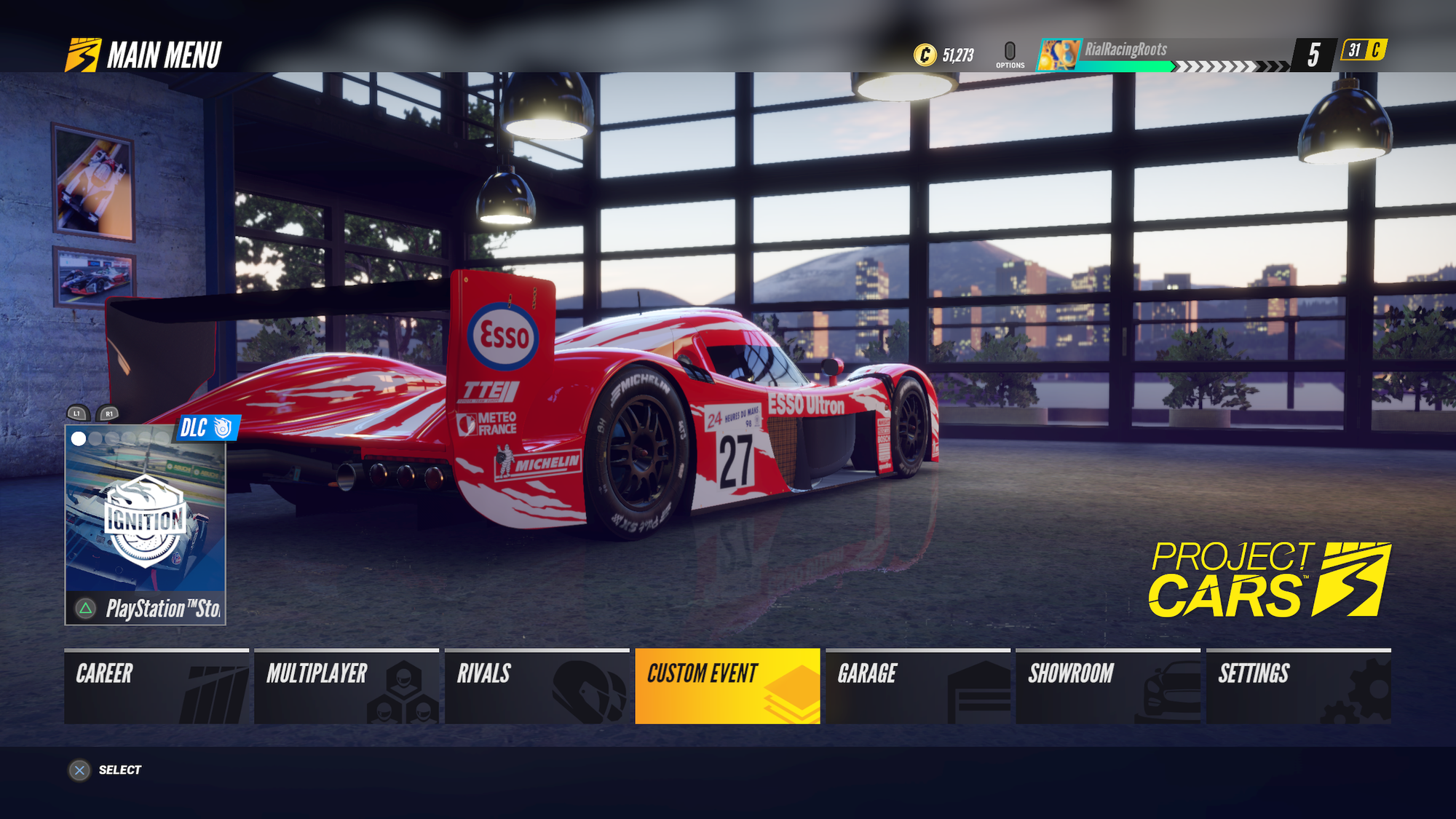 The main menu screen of Project CARS 3, with a Toyota GT-One prototype race car in a studio looking out to a city skyline.
