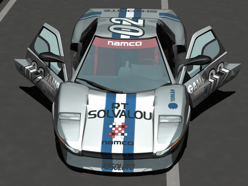 A pre-rendered CG image of a Assoluto Bisonte sportscar in the RT Solvalou silver with blue and white stripes. The car kinda looks like a mix of a Ferrari 355 but with the added length and angles of a Honda NSX. It's very cool.