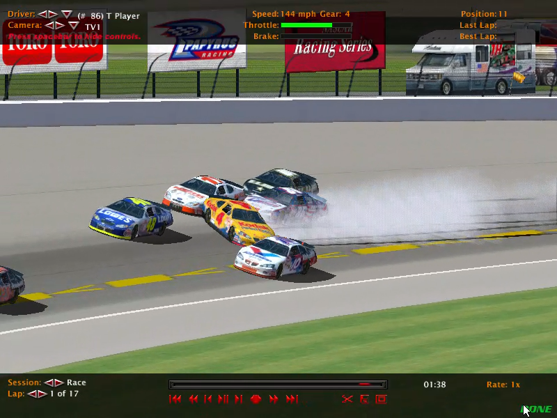 The replay menu from NASCAR Racing 2003 showing a yellow Kodak Pontiac mid-spin, about to be collected by three more cars.