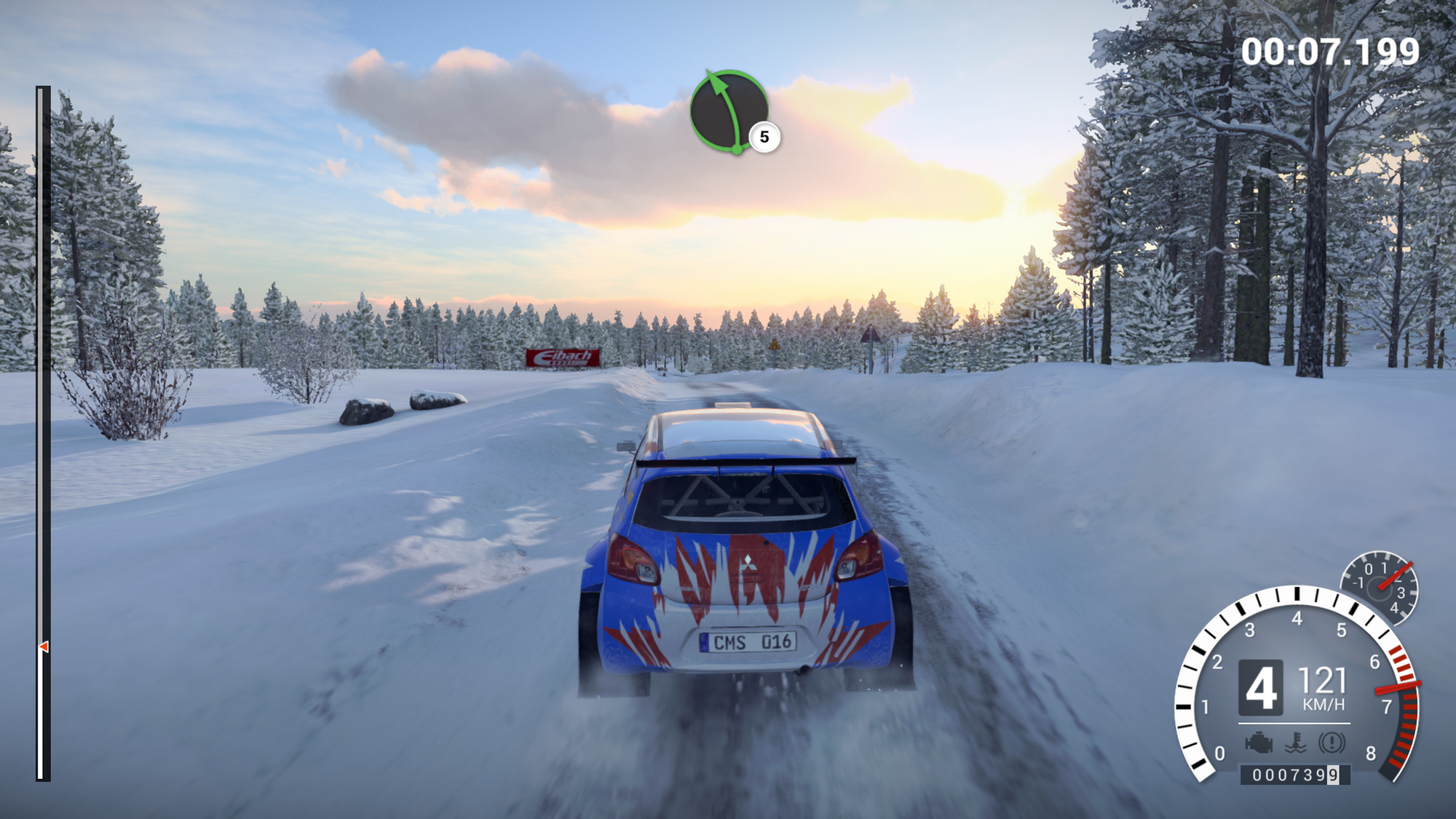 A Mitsubishi Mirage R5 rally car going through the snow in Finland on a stage in DiRT 4. The Mirage hatchback is white, with blue and orange graphics.